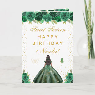 Carte Fille à peau foncée aux fleurs vertes douce seize