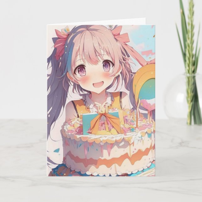 Carte Fille Anime avec gâteau d'anniversaire et page de  (Devant)