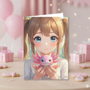 Carte Fille Anime Axolotl Anniversaire avec page de colo