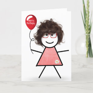 Carte Fille anniversaire à carreaux avec ballon rouge 