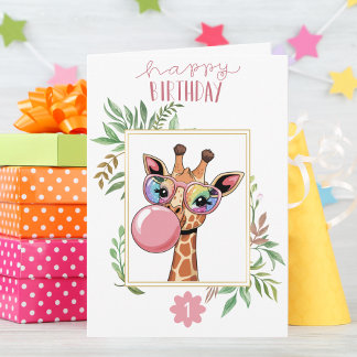 Carte Fille Anniversaire Giraffe Rainbow Verres Bubble C