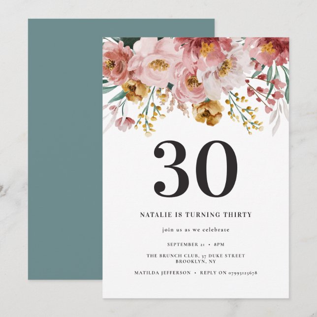 Carte Fille aquarelle florale 30e anniversaire rose bleu (Devant / Derrière)