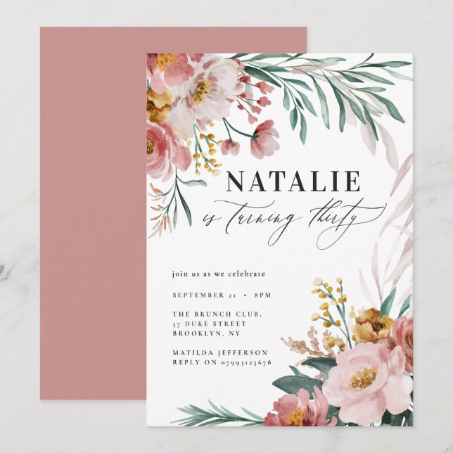 Carte Fille aquarelle florale 30e anniversaire rose bleu (Devant / Derrière)