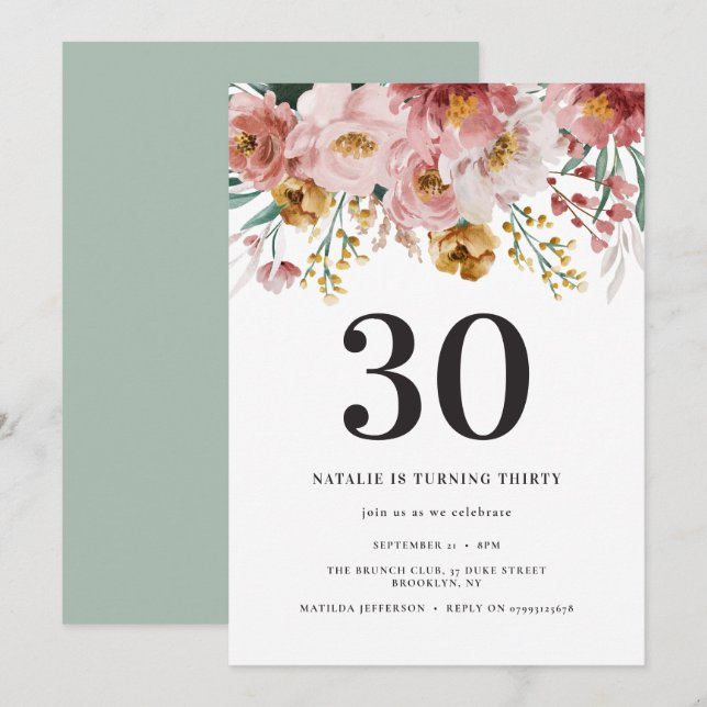 Carte Fille aquarelle florale 30e anniversaire rose chic (Devant / Derrière)