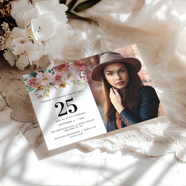 Carte Fille aquarelle florale éditable photo d'âge (Créateur téléchargé)