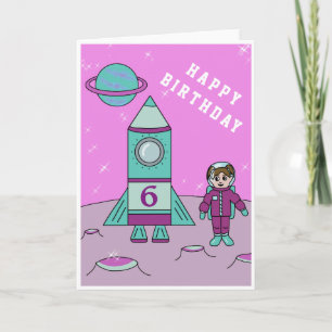 Carte Fille astronaute sur la lune espace joyeux anniver