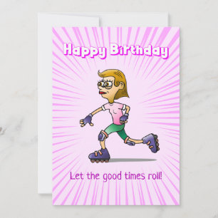 Carte Fille au patin à roulettes Anniversaire rose