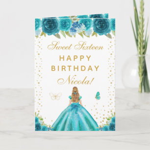 Carte Fille aux Cheveux Blonds aux Fleurs Turquoise pour