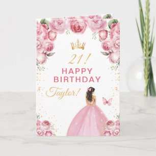Carte Fille aux cheveux bruns avec fleurs roses Joyeux A