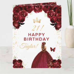 Carte Fille aux cheveux bruns floraux rouge foncé Joyeux