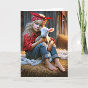 Carte Fille Avec Agneau Bébé Pour Anniversaire