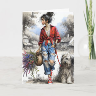 Carte Fille avec panier Fleur sauvage pour l'anniversair