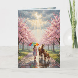 Carte Fille avec parapluie et poney dans un parc pluvieu