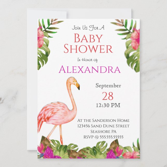 Carte Fille Baby shower rose Flamant rose faune tropical (Devant)