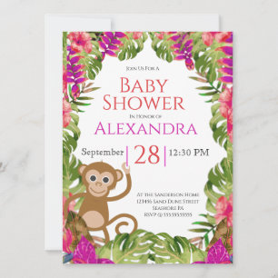 Carte Fille Baby shower singe rose faune tropicale