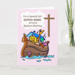 Carte Fille Baptême Anniversaire avec Noahs Ark sur rose
