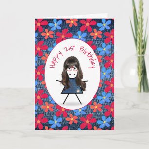 Carte Fille bâton 21e anniversaire et marguerites sur de