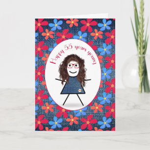 Carte Fille bâton d'anniversaire 55 ans et marguerites s