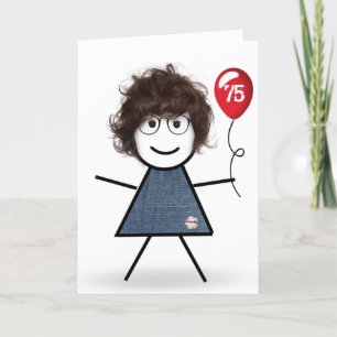 Carte Fille bâton pour 75e anniversaire avec ballon roug