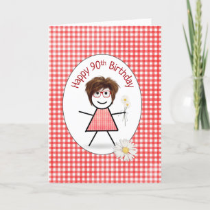 Carte Fille bâton pour 90e anniversaire avec des pâquere