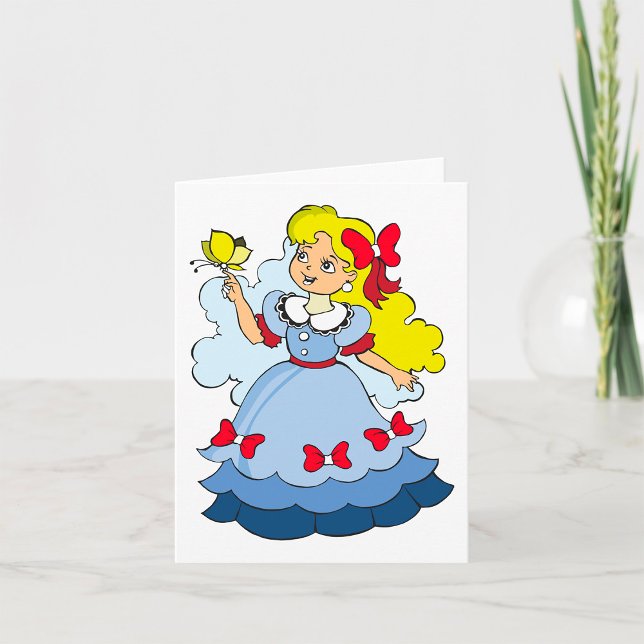 Carte Fille blonde en robe de princesse bleue avec papil (Créateur téléchargé)