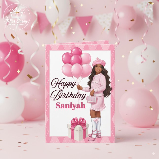 Carte Fille Brown/Ado rose à la mode Anniversaire (Pretty in pink 💕 Stylish birthday card with festive party vibes. Perfect for your young fashionista)
