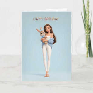 Carte Fille brune en cardigan bleu avec anniversaire de