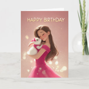 Carte Fille brune en rose chaud avec Joyeux anniversaire