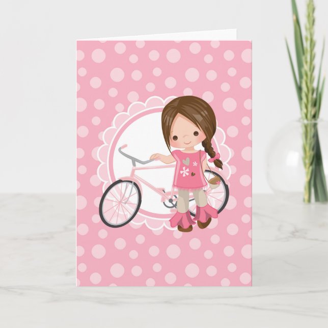 Carte Fille Brunette à Bicyclette - Rose Blanc (Devant)