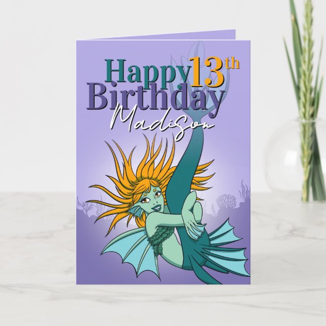 Carte Fille Caricature Mermaid Purple Green 13e annivers (Devant)