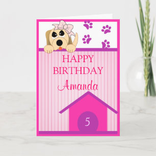 Carte Fille Chien avec Bow & Dog House Anniversaire