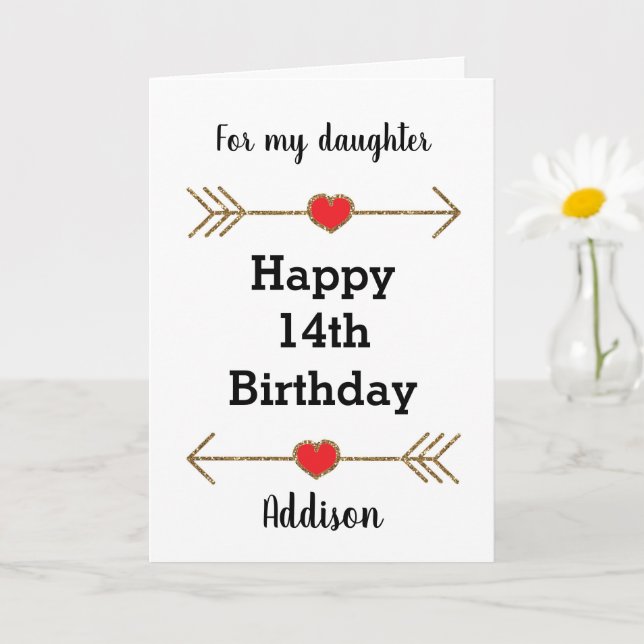 Carte Fille coeur rouge et or 14e anniversaire (Petite plante)
