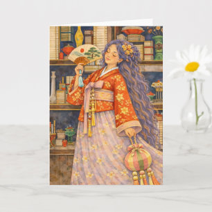 Carte Fille coréenne rêveuse en hanbok avec éventail et 