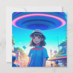Carte Fille d'anime sous un OVNI dans la ville