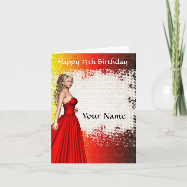 Carte Fille dans anniversaire de robe rouge le 15ème (Devant)