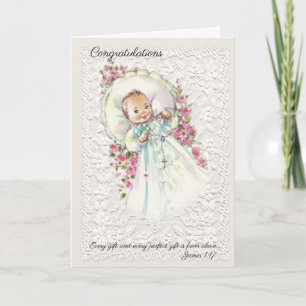 Carte Fille de bébé vintage avec Rosaire rose roses