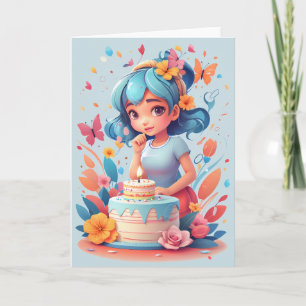 Carte Fille de dessin animé avec gâteau d'anniversaire  