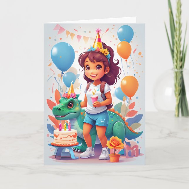 Carte Fille de dessin animé avec gâteau d'anniversaire e (Devant)