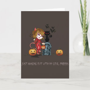 Carte Fille de diable rouge de Halloween avec le chat