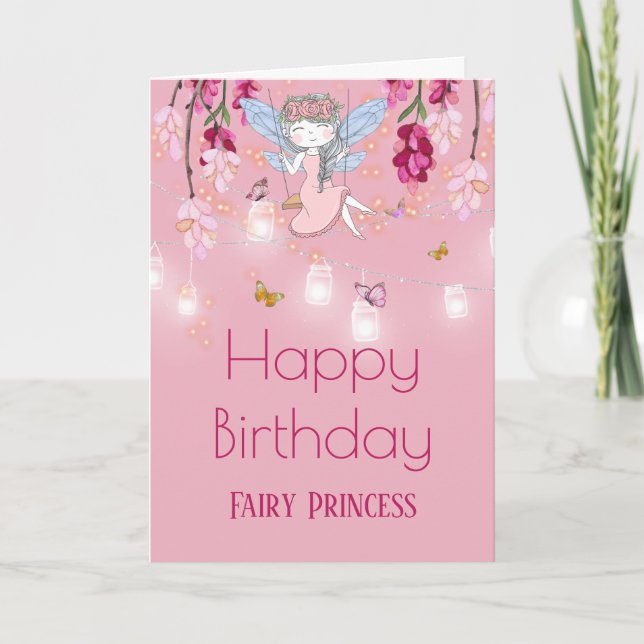 Carte Fille de jardin de fée balançoire lampions en pot  (Devant)