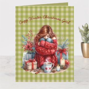 Carte Fille de Noël d'hiver confortable en vert olive sa