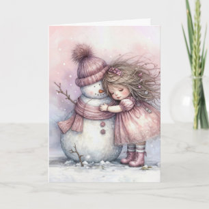Carte Fille de Noël étreignant un bonhomme de neige