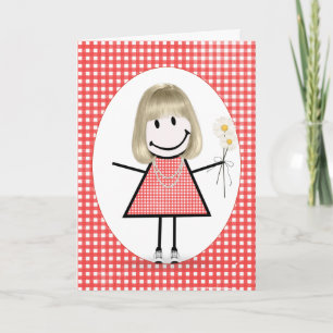 Carte Fille de stick figure d'anniversaire sur gingham r