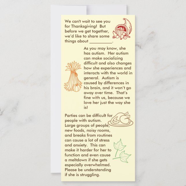 Carte Fille de Thanksgiving autiste (Devant)