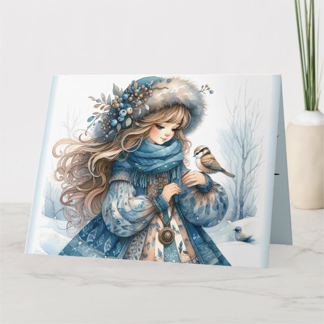 Carte Fille d'hiver avec oiseau en manteau floral bleu (Devant)