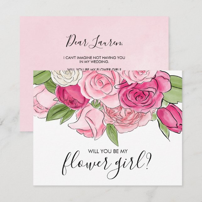 Carte Fille d'Honneur Fleurs Roses Aquarelle (Devant / Derrière)