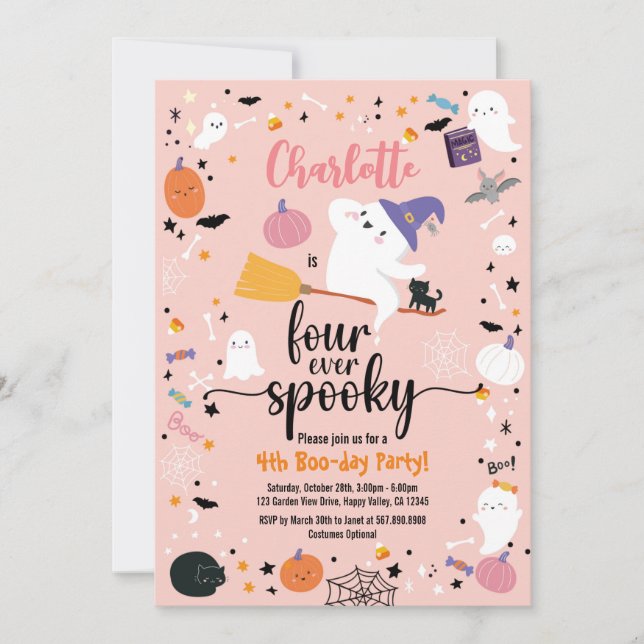Carte Fille Éffrayante 4 anniversaire fête d'Halloween (Devant)