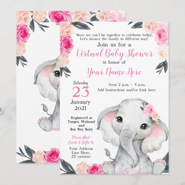 Carte fille Eléphant Baby shower virtuel Roses ros (Devant / Derrière)