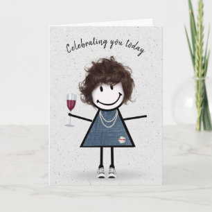 Carte Fille en bâton d'anniversaire avec un verre à vin 