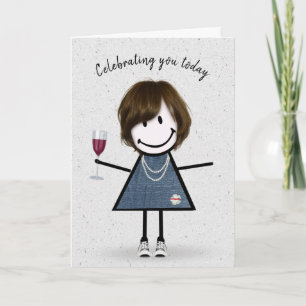 Carte Fille en bâton d'anniversaire avec un verre à vin